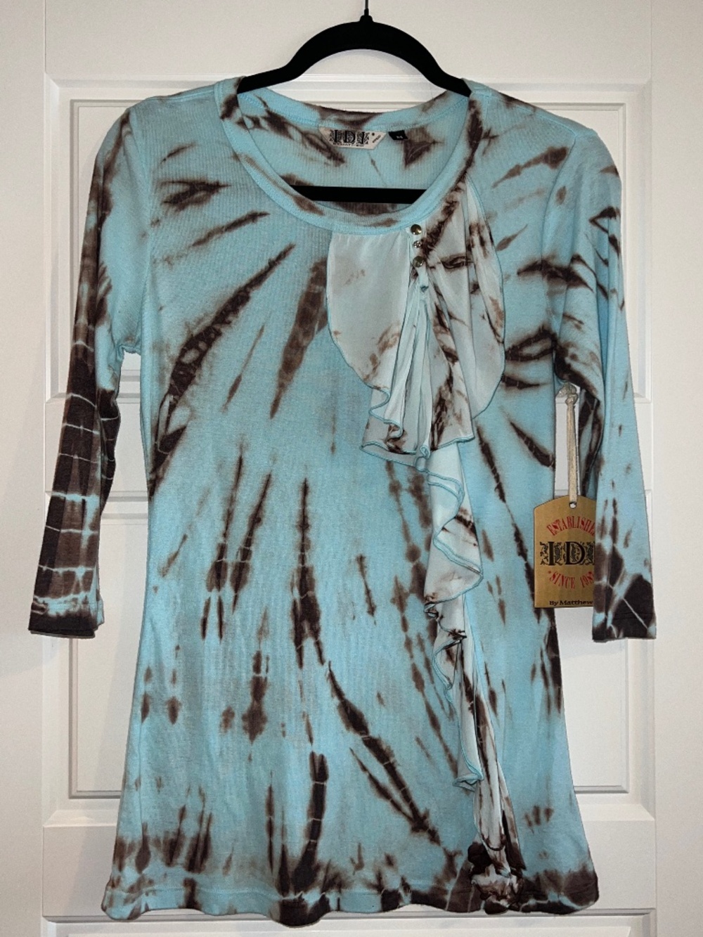 IDI By Matthew Baby Blue Brown Tie Dye Ruffle Front 3/4 Sleeve Top Size M